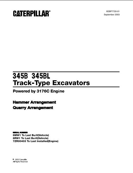 Caterpillar Cat 345B, 345BL Track Type Excavator Parts Catalog Manual 6MW, 8RW