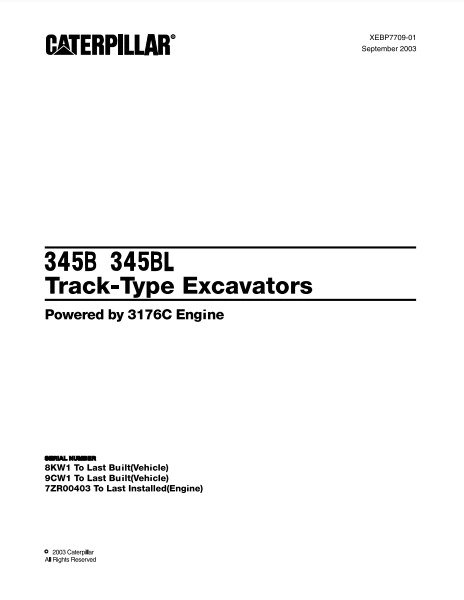 Caterpillar Cat 345B, 345BL Track Type Excavator Parts Catalog Manual 8KW, 9CW