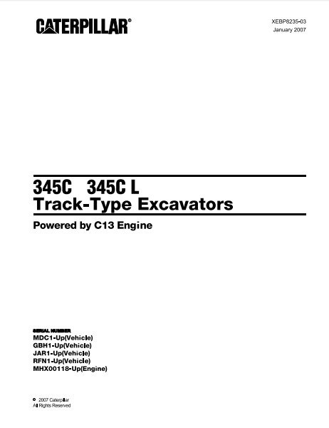 Caterpillar Cat 345C, 345CL Track Type Excavator Parts Catalog Manual MDC, GBH, JAR, RFN