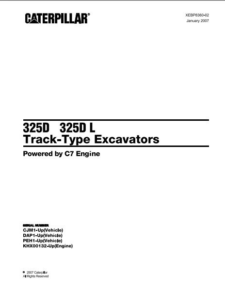 Caterpillar Cat 325D, 325D L Track Type Excavator Parts Catalog Manual CJM, DAP, PEH
