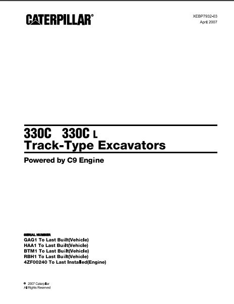 Caterpillar Cat 330C, 330C L Track Type Excavator Parts Catalog Manual GAG, HAA, BTM, RBH
