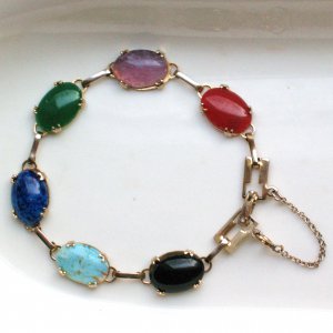 multicolored glass cabochon link bracelet - vintage jewelry
