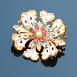 colored rhinestone white enamel goldtone brooch - vintage jewelry