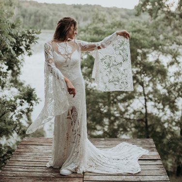 chinese dress ladies Beach Ivory Wedding Dress with Batwing Sleeves and Rustic Lace Back main image 1