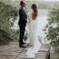 High Slit Beach Two Pieces Wedding Dress Lace Robe Long Batwing Sleeves Illusion Bridal Gown