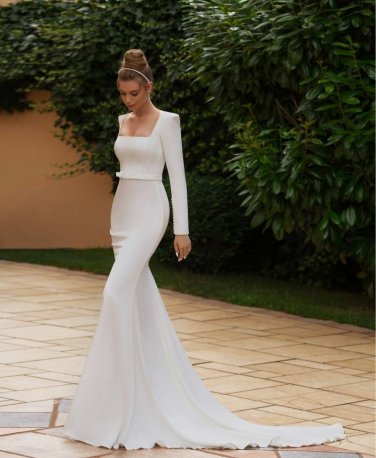 Long Sleeves Sexy Sheath Beach Sweep Train Square Collar Backless Satin Wedding Dress