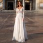 Bohemian Beach Long Sleeve V-Neck Sheer Back Floor Length Lace Applique Chiffon Wedding Dress