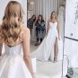 White Volumes Satin Wedding Dresses with High Slit