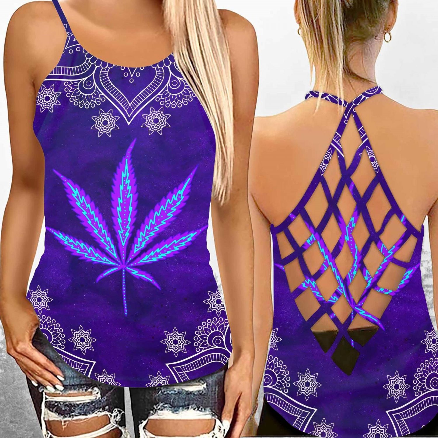 Women's Criss Cross Sexy Top Mysterious Weed Mandala Open Back Camisole - Purple