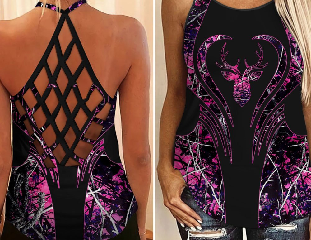 Women's Criss Cross Open Back Camisole Hunting Camo Custom Tank Top Plus Size