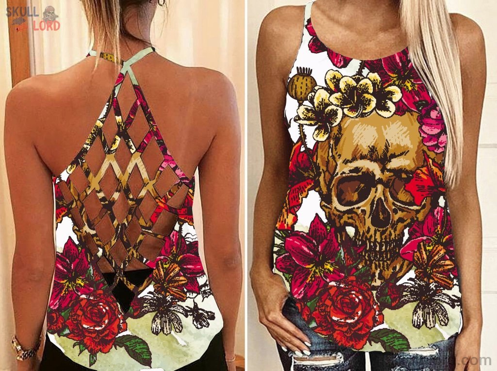 Women's Criss Cross Open Back Camisole Skulls Roses Custom Tank Top Plus Size