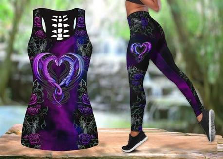 Lover Dragon And Rose Set Tank Top And Legging For Yoga Running Plus Size