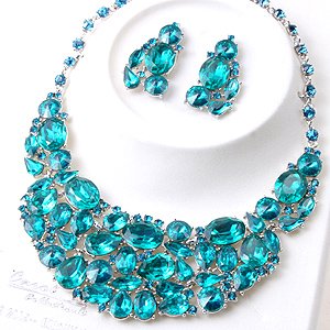 Chunky Teal Blue Crystal Rhinestone Statement Bib Necklace Earring Set ...