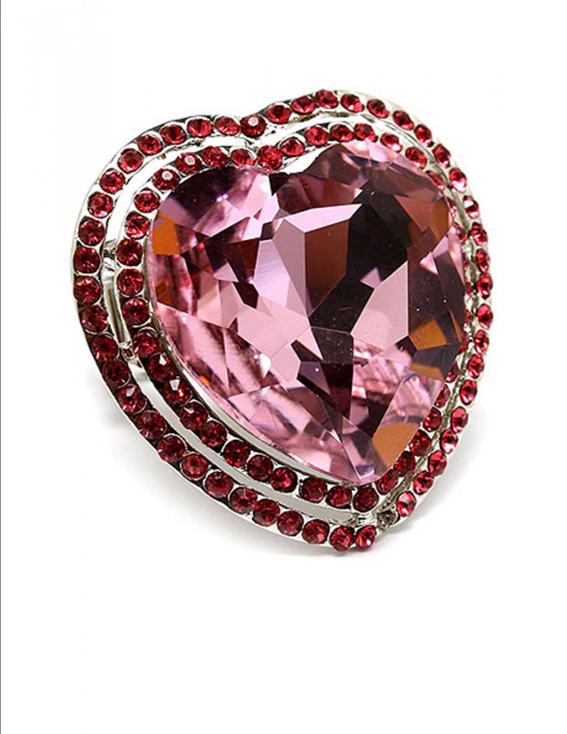 Huge Gaudy Crystal Rhinestone Chunky Puffy Adjustable Large Pink Heart Ring