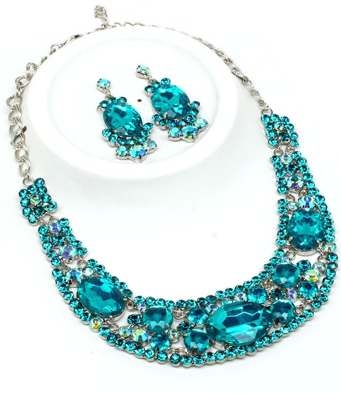 Chunky Teal Aqua Blue Crystal Rhinestone Statement Bib Necklace Earring Set Bridal Prom 5593