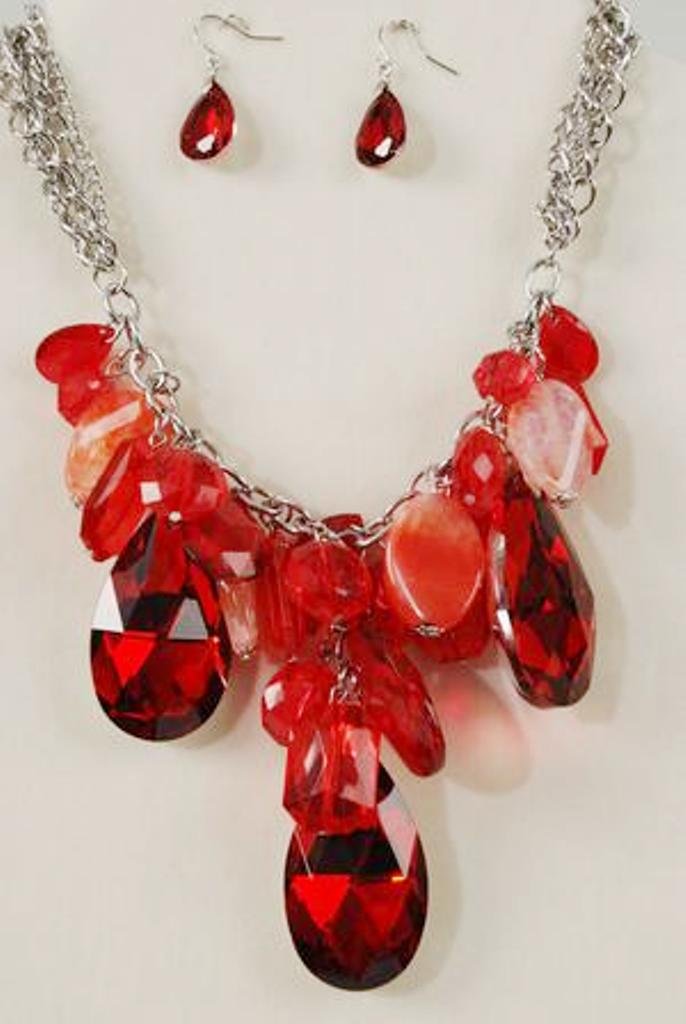 Chunky Red Crystal Ice & Acrylic Tear Drop Teardrop Baubles Bib Necklace Earring Set  Prom Bridal