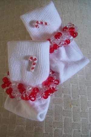 Red and White Candy Cane Crocheted Beaded Socks