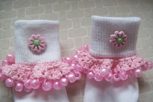 Pink Flowered  Girls Custom Beaded Crocheted Socks