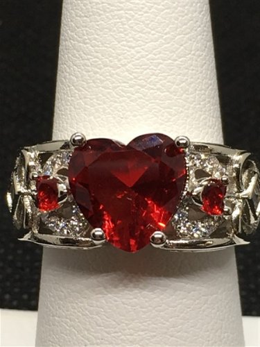Ring Birthstone Created Red Ruby Heart Sterling Silver #7 USA Seller