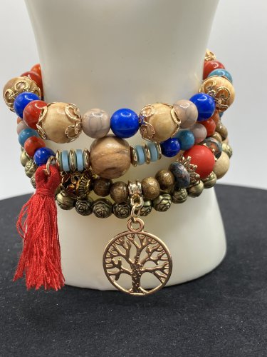 Bracelets 4 Pc. Stretch Bracelets Layered Beaded with Tassel and Charm #493