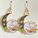 Meow Earrings White Cat Curled up on Flowered Crescent Moon Drop  #836
