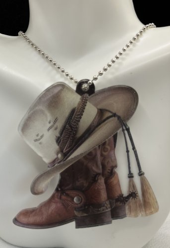 Acrylic Cowboy Boot Hat Car Rear View Necklace Mirror Pendant - #945