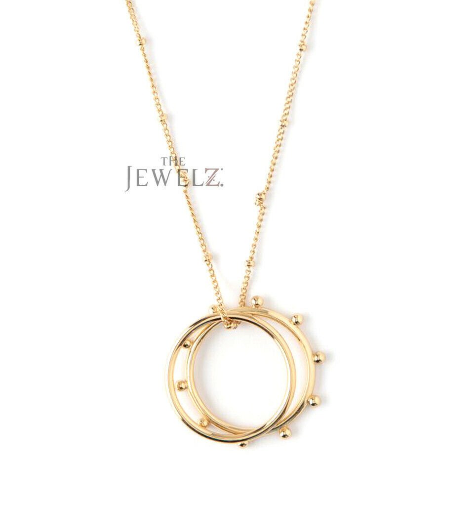 14K Solid Gold Double Circle Geometrical Pendant Necklace Fine Jewelry
