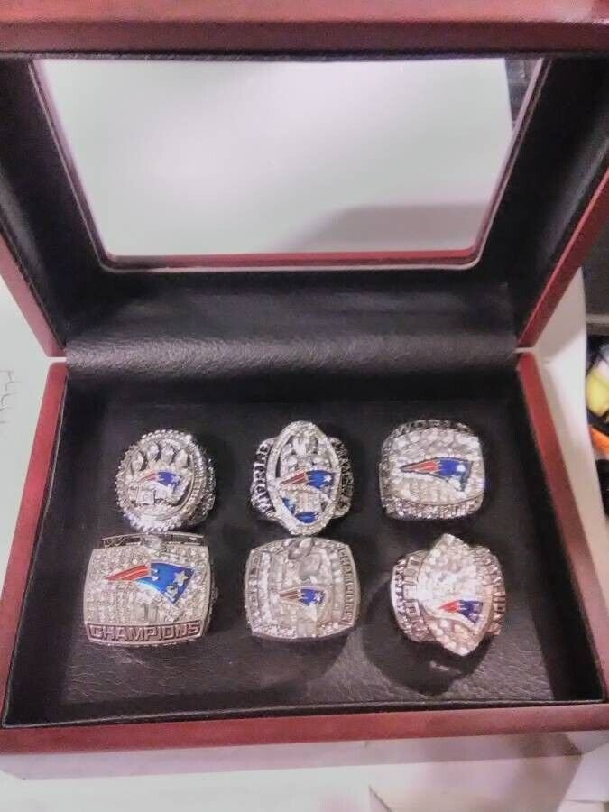 NE Patriots Replica Super Bowl Championship Rings 6 Pcs With RoseWood Gift Box