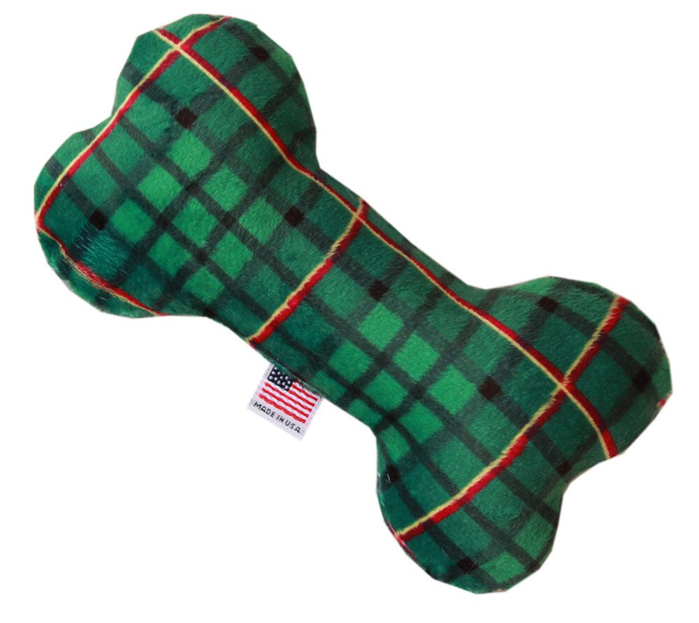 6"" Plush Bone Dog Toy Green Plaid