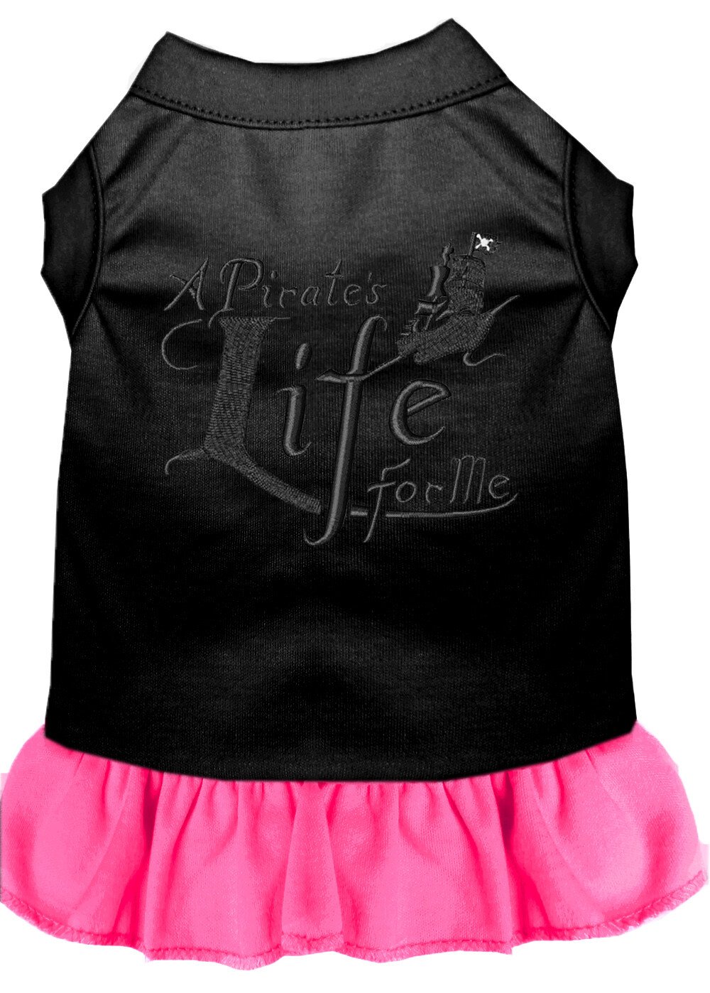 A Pirate's Life Embroidered Dog Dress Black with Bright Pink Med