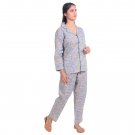 Block Shop Blue Floral Cotton Fabric Beige Button Down Shirt Sleepwear Set Women
