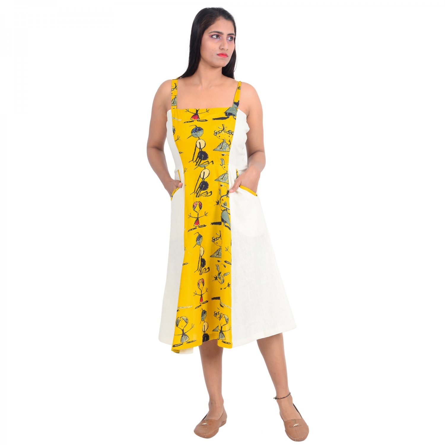 Block Shop Yellow Abstract Print Fabric Linen & Print Patch Strap Dress India