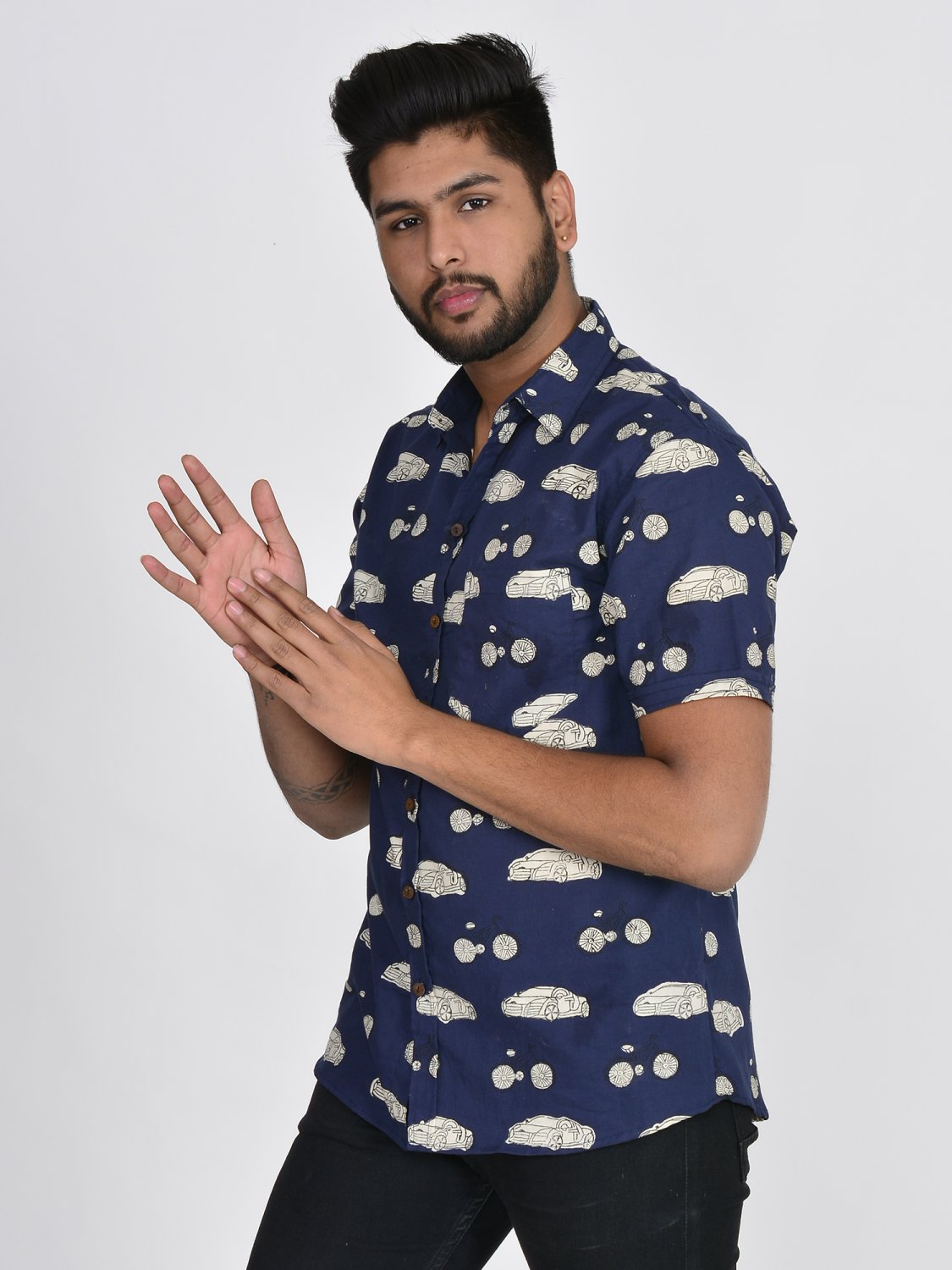 Block Shop Beige Button Down Collar Printed Casual Shirt Blue Pure Cotton