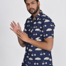 Block Shop Beige Button Down Collar Printed Casual Shirt Blue Pure Cotton