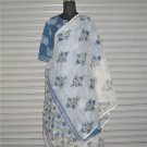 Blue Green Floral Border White Kota Doria Cotton Fabric Dupatta Scarf Wrap