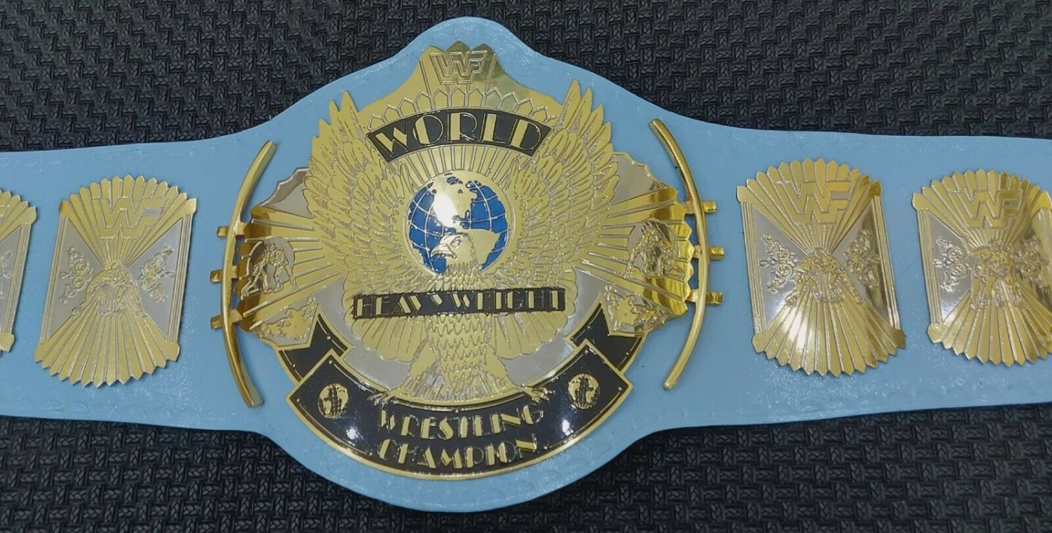 WWF Classic Gold Winged Eagle Wrestling Championship Belt Adult Size. Baby Blue