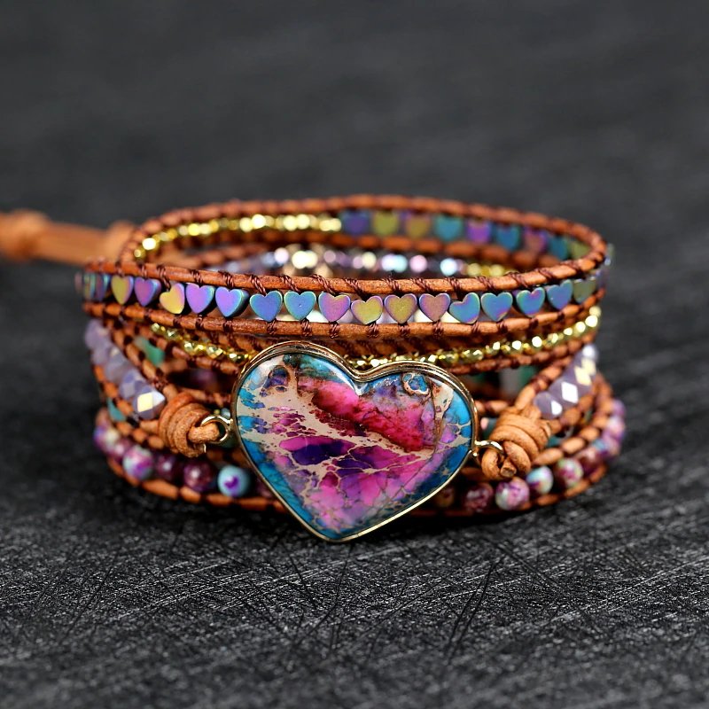 Natural stone heart Charm Wrap Bracelets Handmade for Unisex boho style jewelry