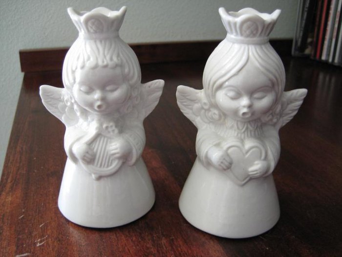 2 White Dresden Angels Candleholders - Crown Mark & N