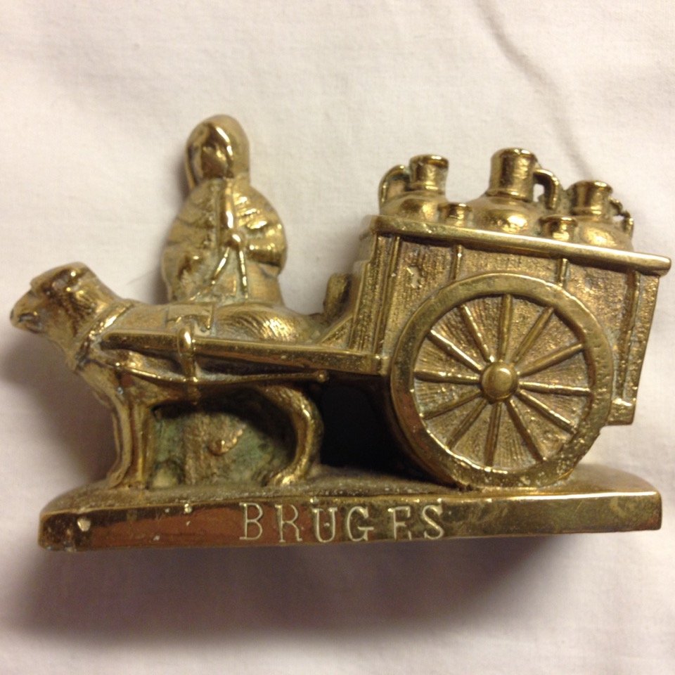 Bruges Cast Brass Dog Peasant Woman Figurine Belgium Milk Cart