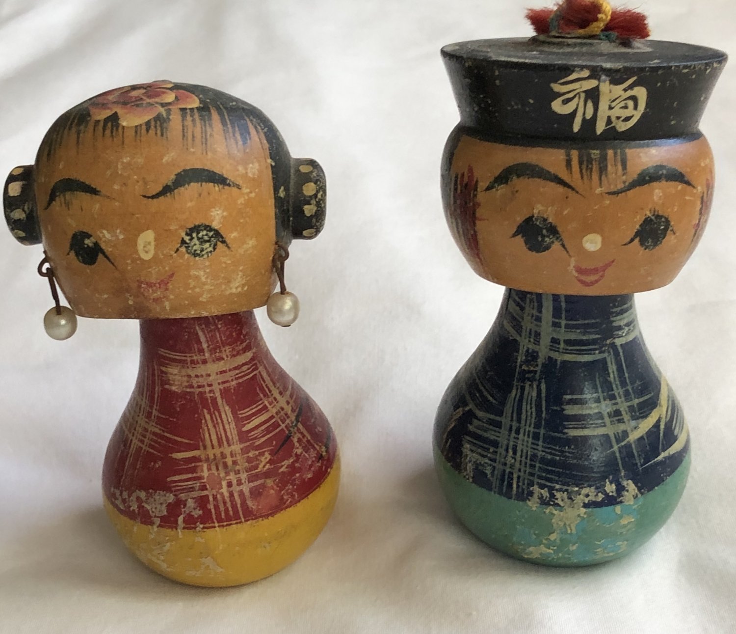 Old Wooden Chinese Man & Woman Bobbleheads