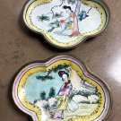 2 Chinese Enameled Copper 4" x 3" Footed Plates