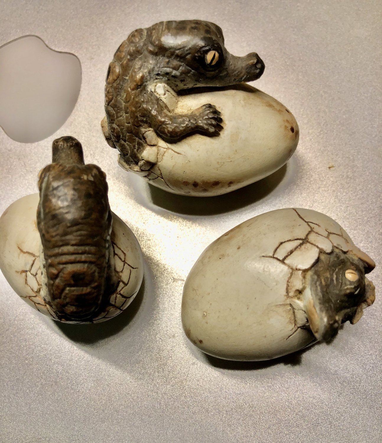 3 Vintage Ceramic Alligators Or Crocodiles Hatching From Their Eggs