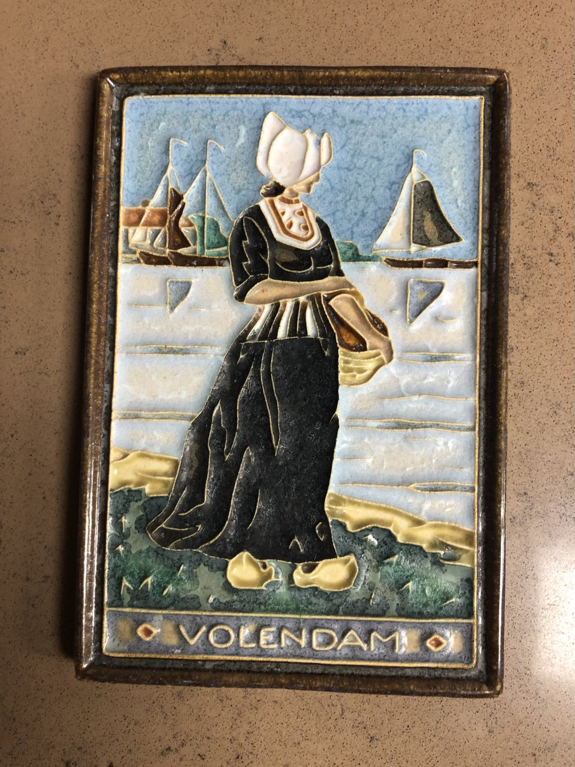 Tube Lined Koninklijke Porceleyne Fles Royal Delft Cloisonne Tile - Volendam woman