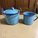Antique Blue Speckled Graniteware Berry Bucket & Cup