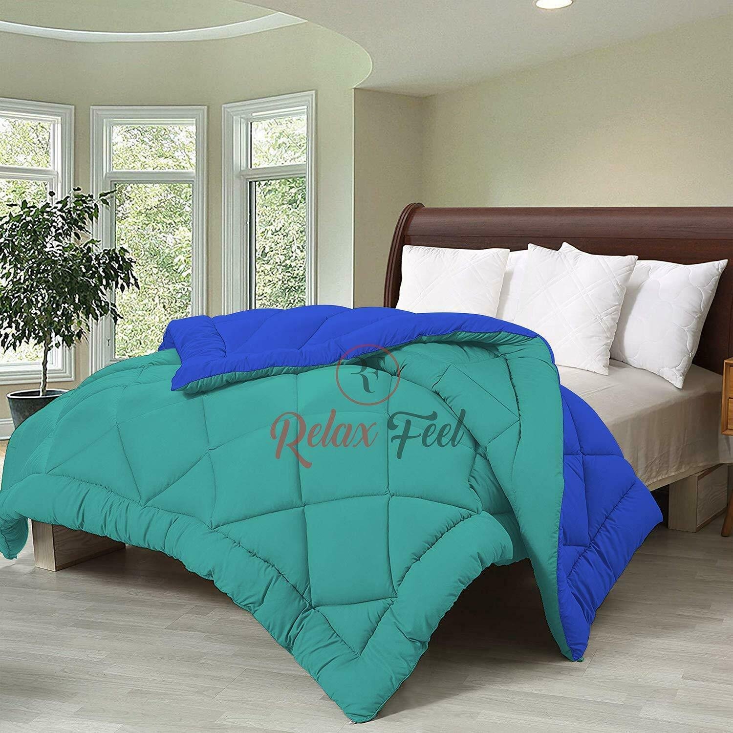 Double Bed Reversible Comforters, Fabric Cotton 300 GSM, Color-Royal Blue &Green