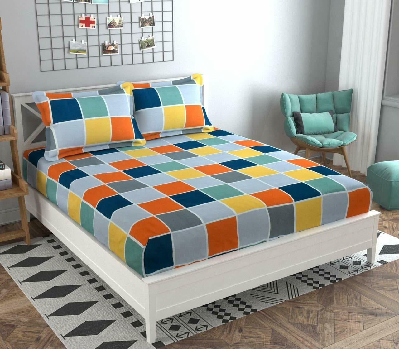 Double King Size Printed Bedsheets+ 2 Pillow Covers,(Multicolor) 144 TC Cotton