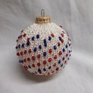Hand Knitted Beaded Christmas Ornament Red White Blue - Handmade