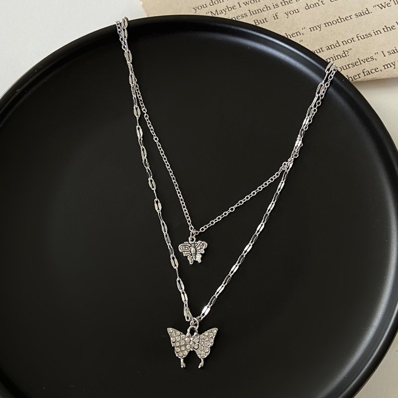 Silver Butterfly Pendant Necklace Double Layer