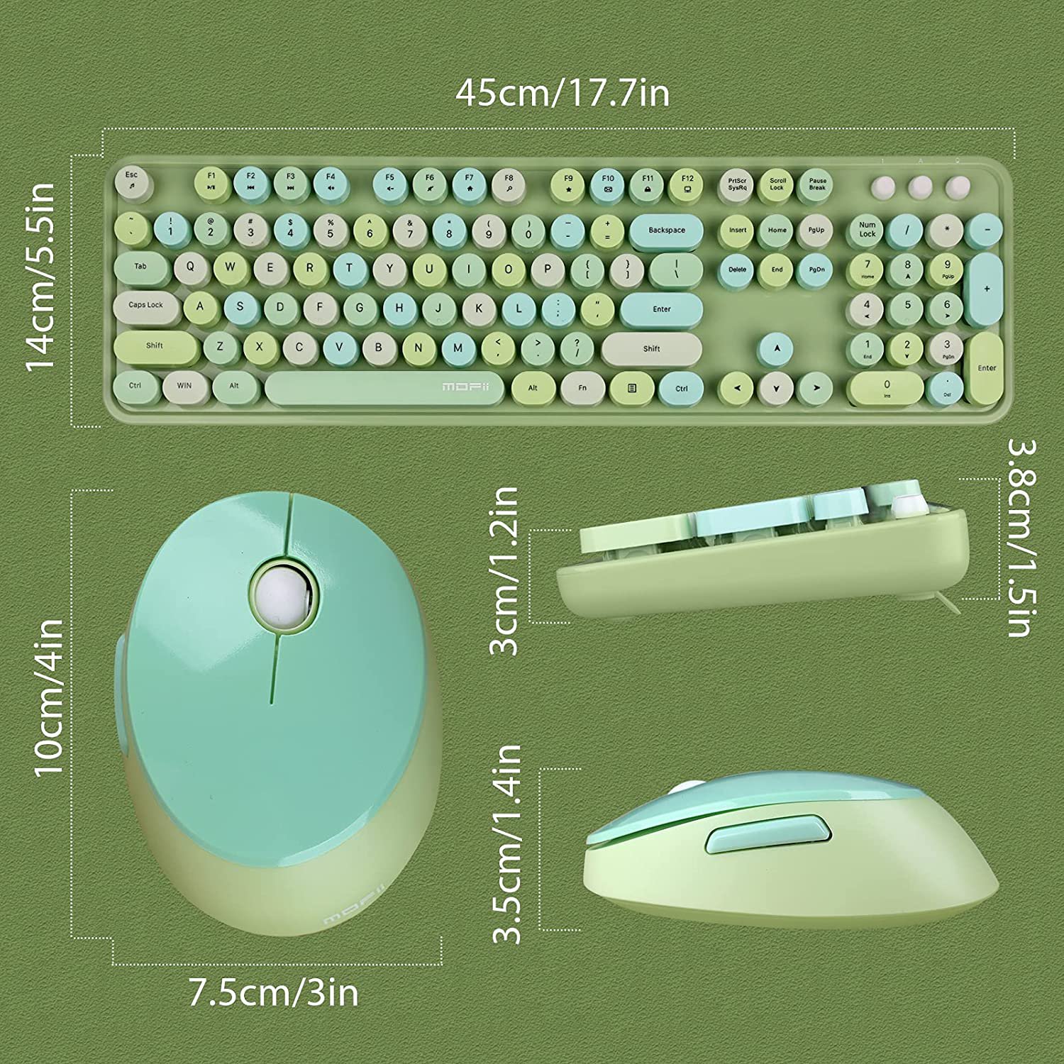 Green Wireless Keyboard and Mouse Combo, 2.4G USB Ergonomic Keyboard
