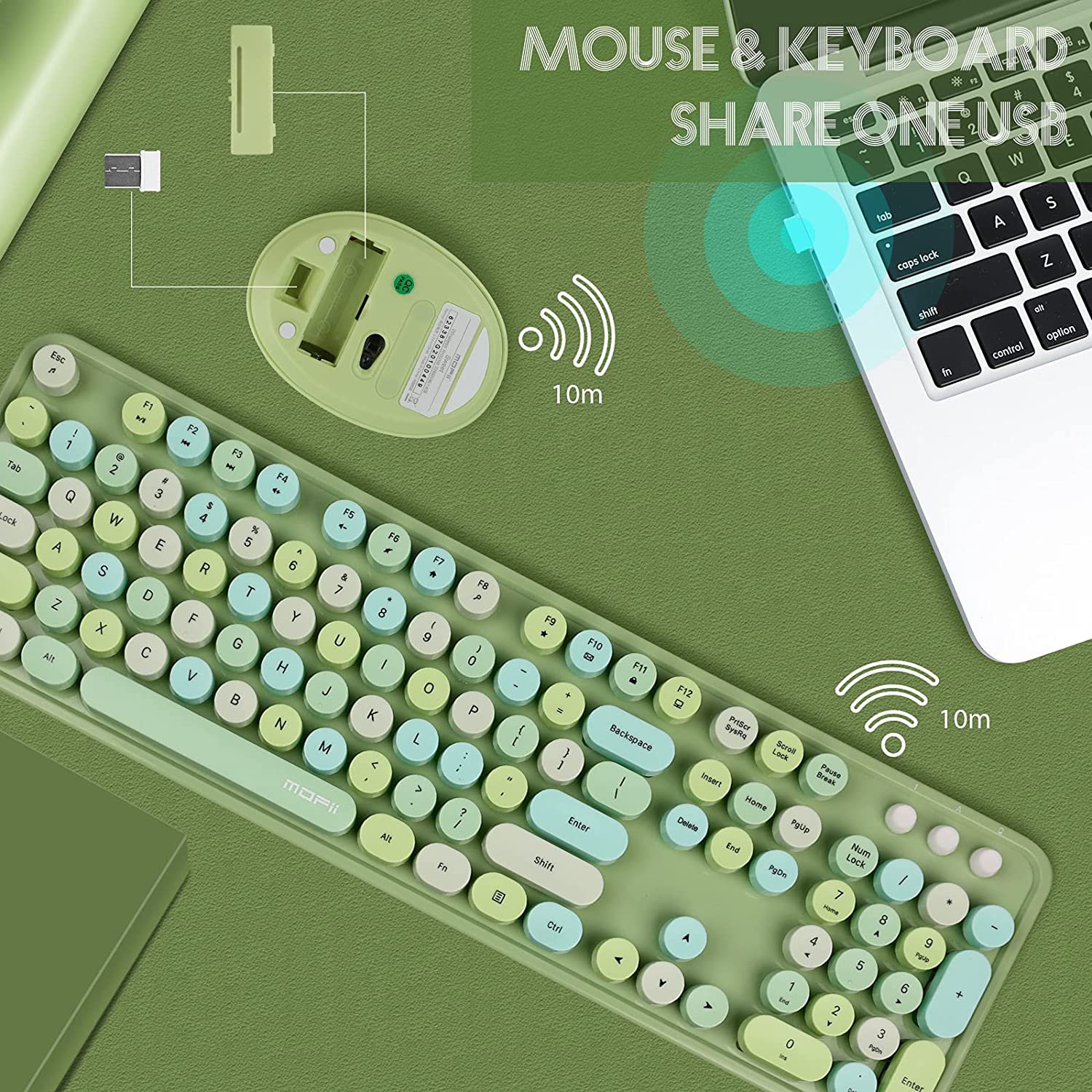 Green Wireless Keyboard and Mouse Combo, 2.4G USB Ergonomic Keyboard